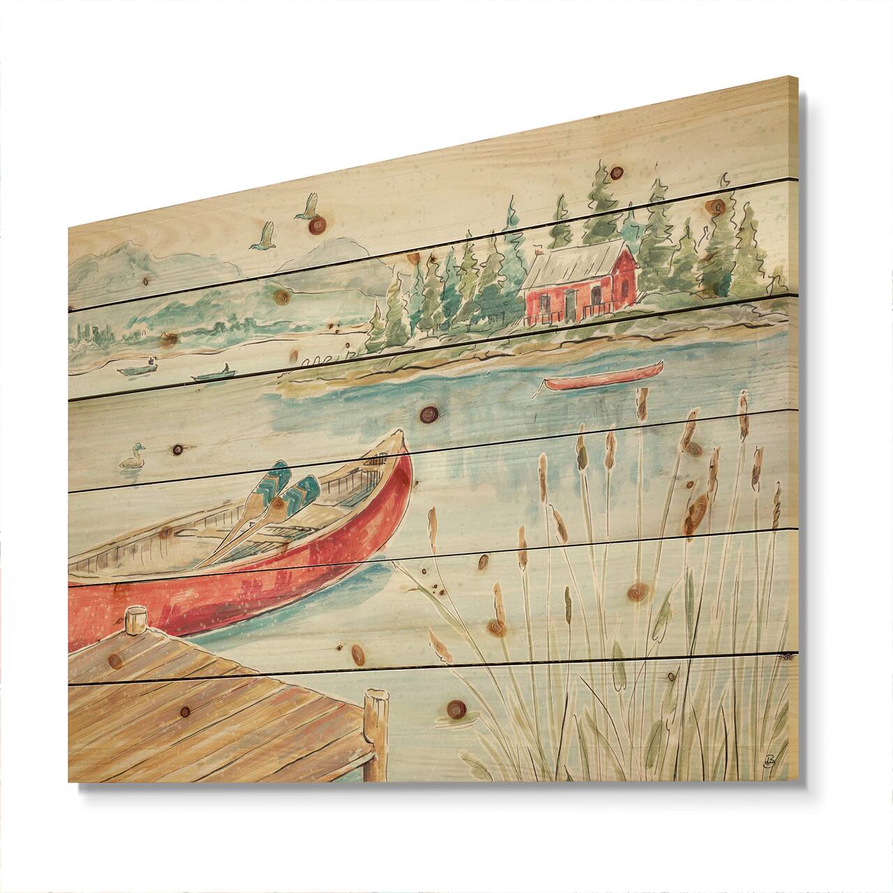 Designart - Lake House Canoes I - Lake House Print on Natural Pine Wood